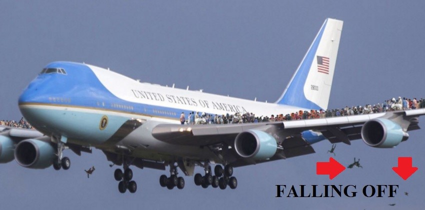 A presidential jumbo jet in flight with crowds standing on its wings, captioned “Falling off” with red arrows