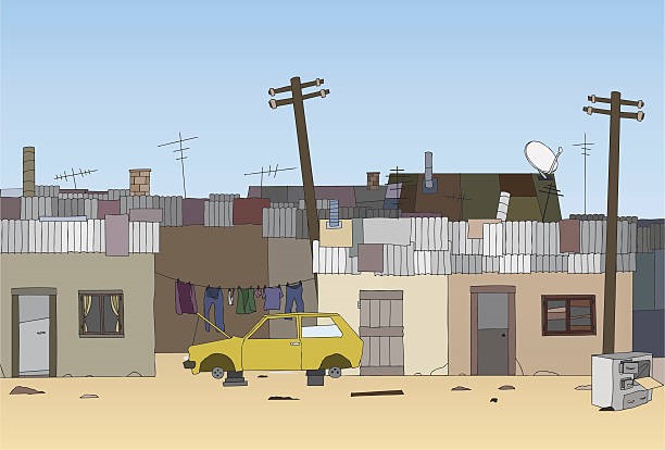 Illustration of a row of run-down houses with corrugated roofs, laundry on a line and a yellow car in the dirt
